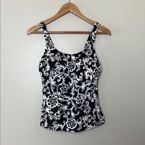Lands End Swim Tankini Slimming Floral Top Black and White Size 8